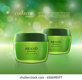Cosmetic ads poster. Moisturizing nourishing cream for skin protection based on natural ingredients isolated on glowing background.Mockup 3D Realistic vector illustration in soft green color.