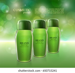 Cosmetic ads poster. Moisturizing nourishing cream for skin protection based on natural ingredients isolated on glowing background. Mockup 3D Realistic vector illustration in soft green color.