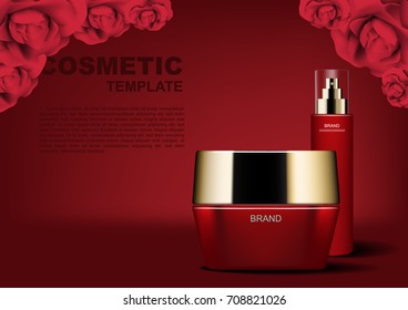 Cosmetic ads poster, red cosmetic cream and lotion with roses on red background