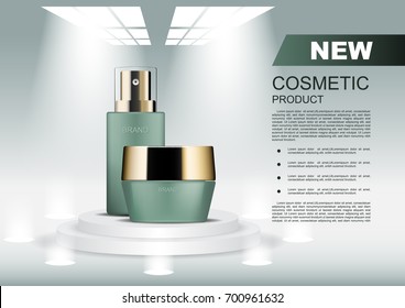 Cosmetic ads poster template, beauty cosmetic set on stand with spot lights and template
