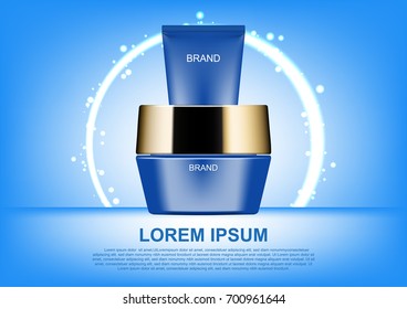 Cosmetic ads poster template, blue cosmetic set with circle light background