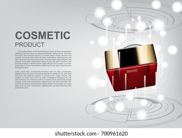 Cosmetic ads poster template, red cosmetic cream with futuristic circle and laser