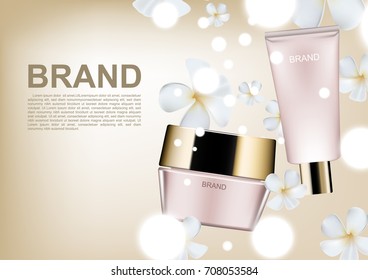 Cosmetic ads poster template, cosmetic set with bubble lights and white flowers