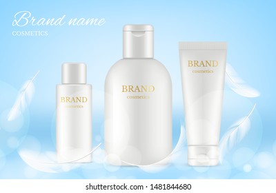 Cosmetic ads poster. Vector banner with realistic cream tubes, bottles, feathers