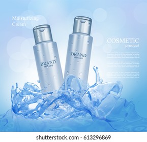 Cosmetic ads poster.Moisturizing cream bottles on the water background with water splash. 3D Realistic vector illustration in blue color.