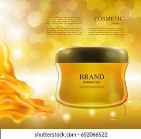 Cosmetic ads poster.Moisturizing nourishing cream for skin protection based on natural ingredients isolated on glowing background.Mockup 3D Realistic vector illustration with honey on the yellow
