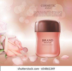 Cosmetic ads poster.Moisturizing nourishing cream for skin protection based on natural ingredients isolated on glowing background.Mockup 3D Realistic vector illustration with roses