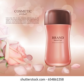Cosmetic ads poster.Moisturizing nourishing cream for skin protection based on natural ingredients isolated on glowing background.Mockup 3D Realistic vector illustration with roses