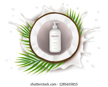 Cosmetic ads realistic vector. White dispenser bottle with lotion and half of coconut on background of milk splash with drops. Mock up promo banner, concept poster for natural organic cosmetics