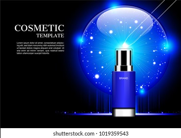 Cosmetic ads, serum with blue shining ball and small lights on dark background