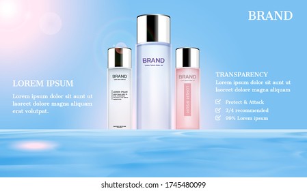 Cosmetic ads. Serum on water surface with sunlight