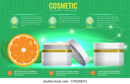 Cosmetic ads template, blank cosmetic mockup with sparkling effect. Orange with leaf. Product information and translucent liquid ball. Vector 3D illustration