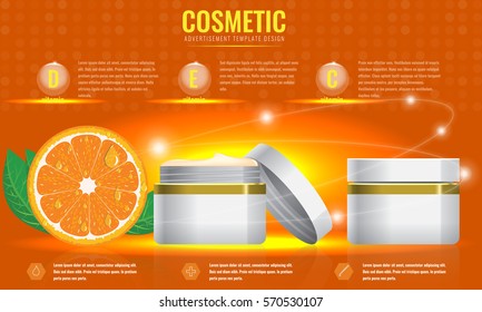 Cosmetic ads template, blank cosmetic mockup with sparkling effect. Orange with leaf. Product information and translucent liquid ball. Vector 3D illustration