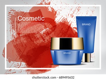 Cosmetic ads template, blue cosmetic set on red abstract paint background