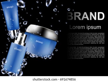 Cosmetic ads template, blue cosmetic set sinking in water