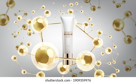 Cosmetic ads template, Cosmetic bottle with Gold molecules and blur background. Realistic vector illustration