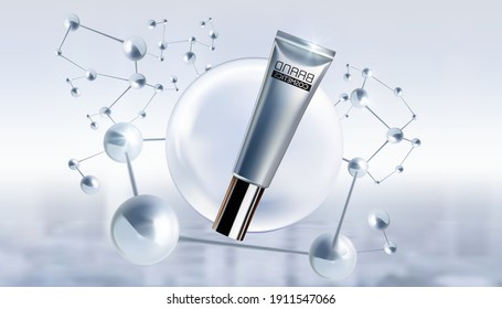 Cosmetic ads template, Cosmetic bottle with silver big molecules and blur background. Realistic vector illustration
