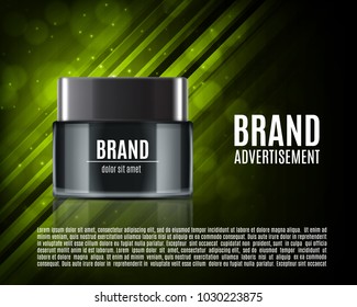 Cosmetic ads template. Cosmetic contaainer on a glowing background with geometric elements. Design for ads or magazine. 3d illustration. ESP10 vector