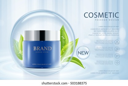 Plantilla de anuncios cosméticos, maquillaje de contenedores crema aislado en fondo azul. Ilustración 3D. Hojas verdes y elementos de burbuja translúcidos.