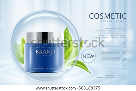 Cosmetic ads template, cream container mockup isolated on blue background. 3D illustration. Green leaves and translucent bubble elements.