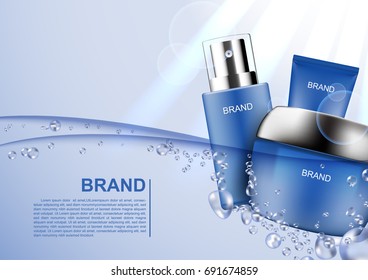 Cosmetic ads template, cosmetic cream floating on blue water