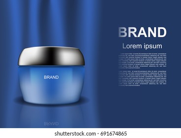 Cosmetic ads template, cosmetic cream on blue curtain background