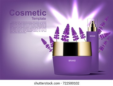 Cosmetic ads template, cosmetic cream and serum with lavender on shining light background