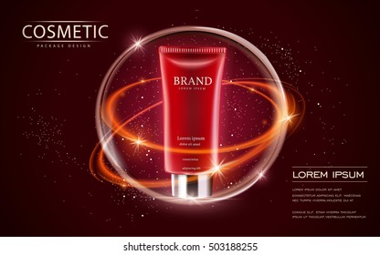 Cosmetic ads template, cream tube mockup isolated on scarlet background. 3D illustration. sparkling effect on the background.