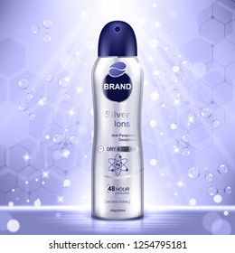 Cosmetic ads template, deodorant bottle with purple molecules and glitter elements on the background. Realistic vector illustration