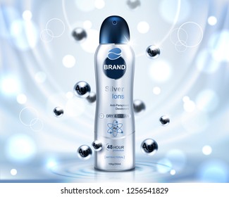 Cosmetic ads template, deodorant bottle with silver ions and glitter elements on the background. Realistic vector illustration