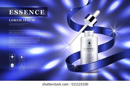 Cosmetic ads template, essence bottle with blue ribbon and glitter elements on the background, 3d illustration