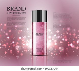 Cosmetische advertenties sjabloon, essence fles met verlichting en glitter elementen op de achtergrond, 3d illustratie