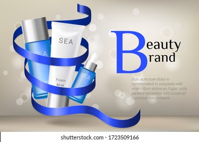 Cosmetic ads template. Essence, foam and toner bottles with blue ribbon and glitter elements. Premium ads. Blue and white bottles isolated on beige background. Realistic 3d style. Vector illustr