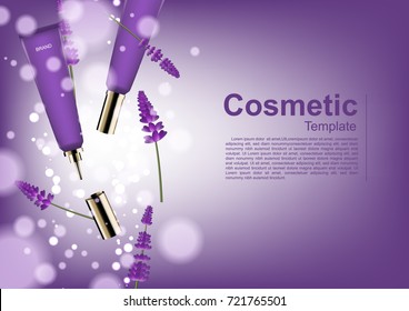 Cosmetic ads template, falling serum and lavender with bubble lights