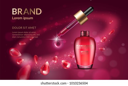 Cosmetic ads template. Glass bottle with drop of essence oil or serum isolated on red background. Shine circular wave with flying fruit elements. Explosion of pomegranate. Vector illustration.