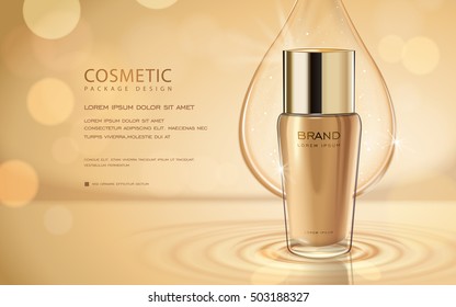 Cosmetic ads template, glass bottle with lotion or essence oil isolated on bokeh background. 3D illustration.