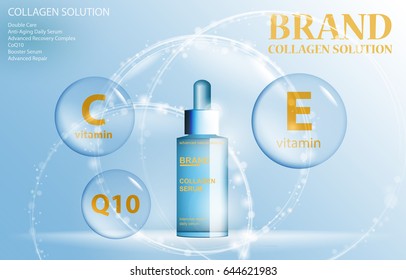 Plantilla de anuncios cosméticos, botella de vidrio con aceite de loción o esencia, botella translúcida con ingredientes sobre las burbujas. Ilustración de producto de belleza de cuidado de la piel cosmética de vectores 3D para su diseño.