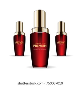 Cosmetic ads template, glass bottle with lotion or essence oil isolated on bokeh background. 3D illustration.