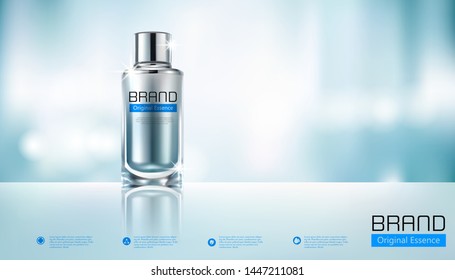 Cosmetic ads template, glass droplet bottle with original essence isolated on blue background. 3D illustration.