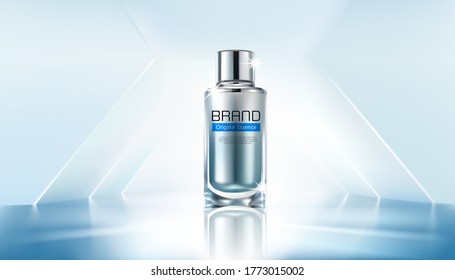 Cosmetic ads template, glass droplet bottle with wavy light abstract background. 3D illustration.