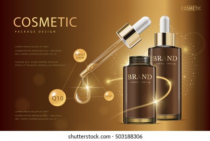 Cosmetic ads template, glass droplet bottle with essence oil isolated on brown background. 3D illustration. Q10 and other ingredients on poster.