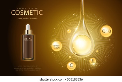 Cosmetic ads template, glass droplet bottle with essence oil drop isolated on brown background. 3D illustration. Q10, vitamin and other ingredients showing on the poster.