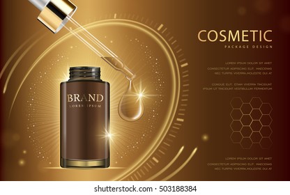 Cosmetic Ads Template, Glass Droplet Bottle With Essence Oil Drop Isolated On Brown Background. 3D Illustration. Abstract Hexagon And Clock Elements.