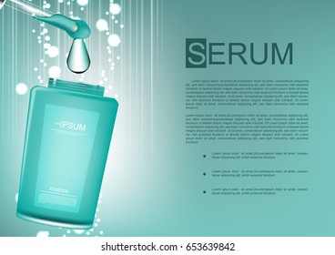 Cosmetic ads template green serum bottle with water drop and bok