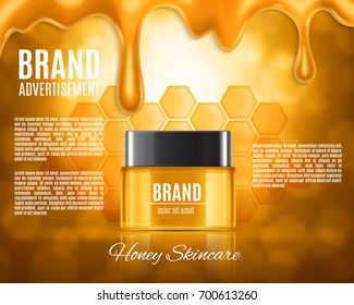 Cosmetic ads template. Honey skincare. Realistic cosmetic container on a background with bokeh elements. Design for ads or magazine. 3d illustration. EPS10 vector.