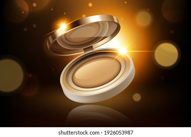 Cosmetic ads template of mini foundation box on blrown glossy background and in 3d illustration