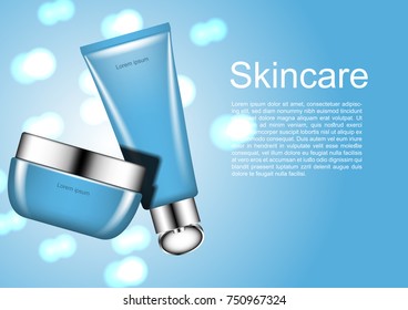 Cosmetic ads template, moisturizer and serum with blue bubble light