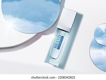 Cosmetic ads template on mirror with sky .  Abstract background . Realistic vector illustration 