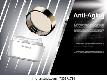 Cosmetic ads template, opened anti-Aging cream with abstract lines and black background