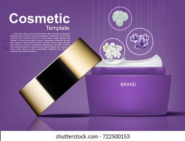 Cosmetic ads template, opened night cream with three flowers vector illustration